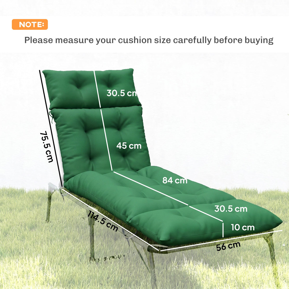 190 x 56 x 10cm Sun Lounger Cushions Set of 2, 220gsm UPF20+ Fabric with 6 Ties, Green