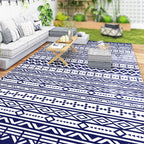 9' x 18' Reversible Outdoor Rug, Blue White Geometric