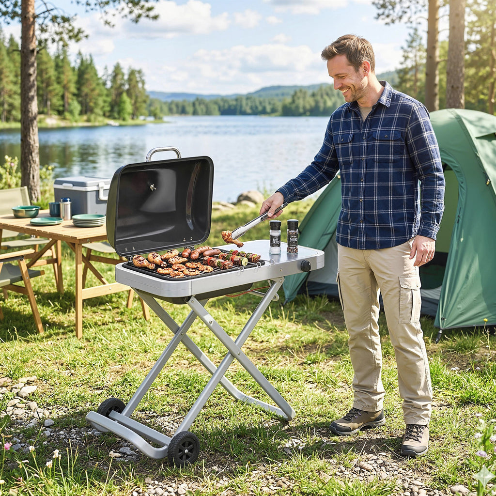 Foldable Gas BBQ Grill with Side Table & Trolley, Grease Box, 2.5 kW, Black