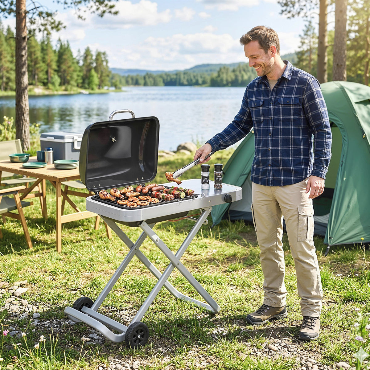 Foldable Gas BBQ Grill with Side Table & Trolley, Grease Box, 2.5 kW, Black
