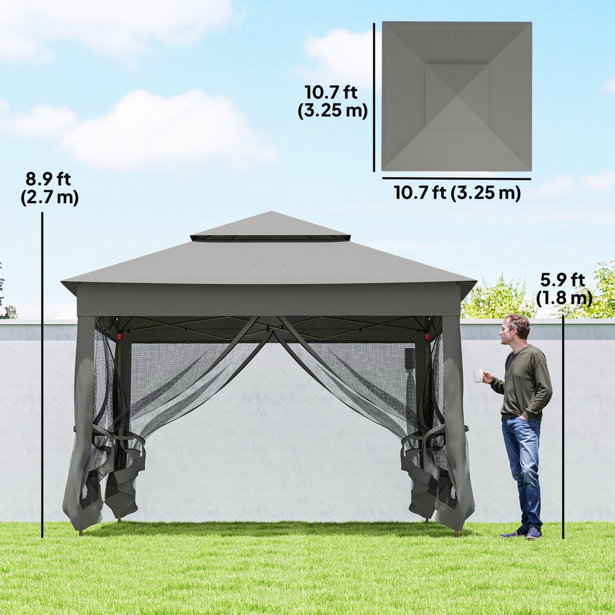 11' x 11' Pop-Up Canopy with 2-Tier Soft Top and Zipper Netting, Dark Grey