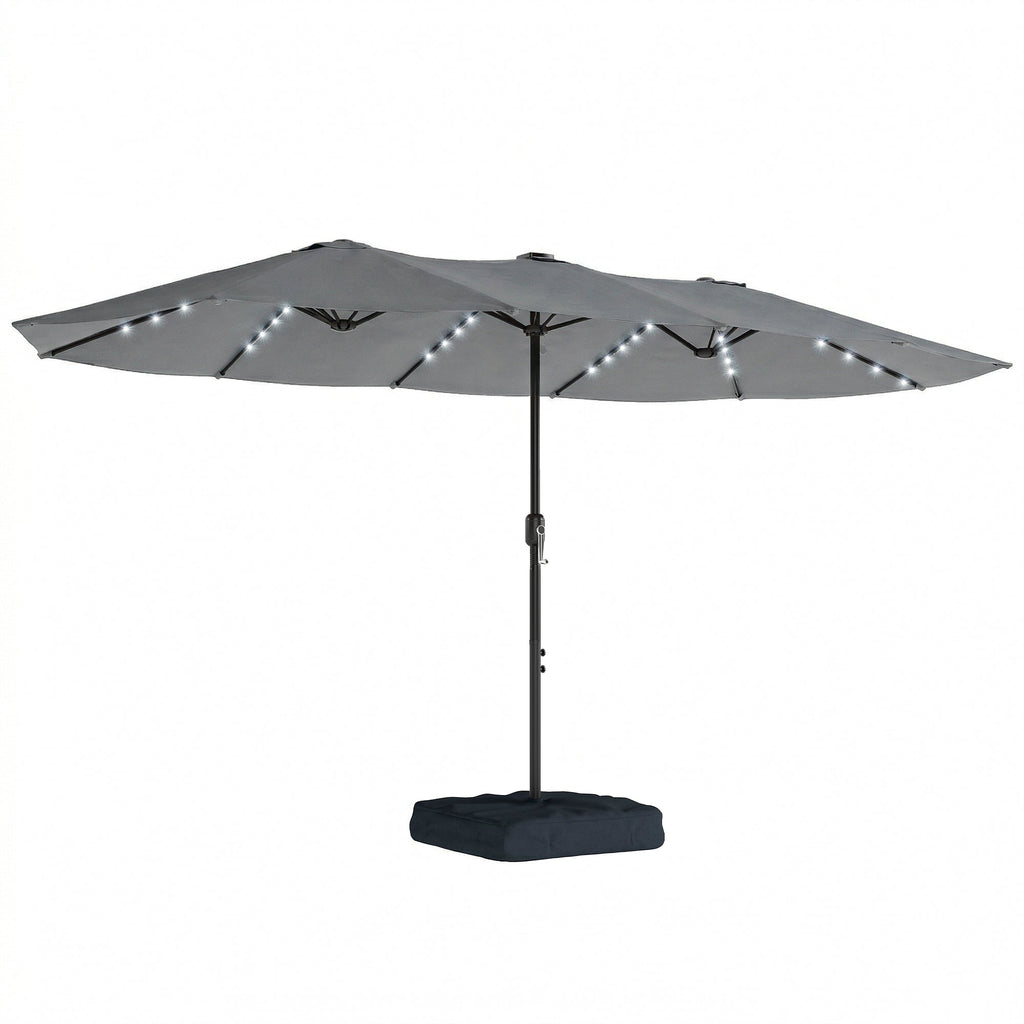 4.5 m Double-Sided Garden Parasol with LED Lights, Base & Sandbags, Grey