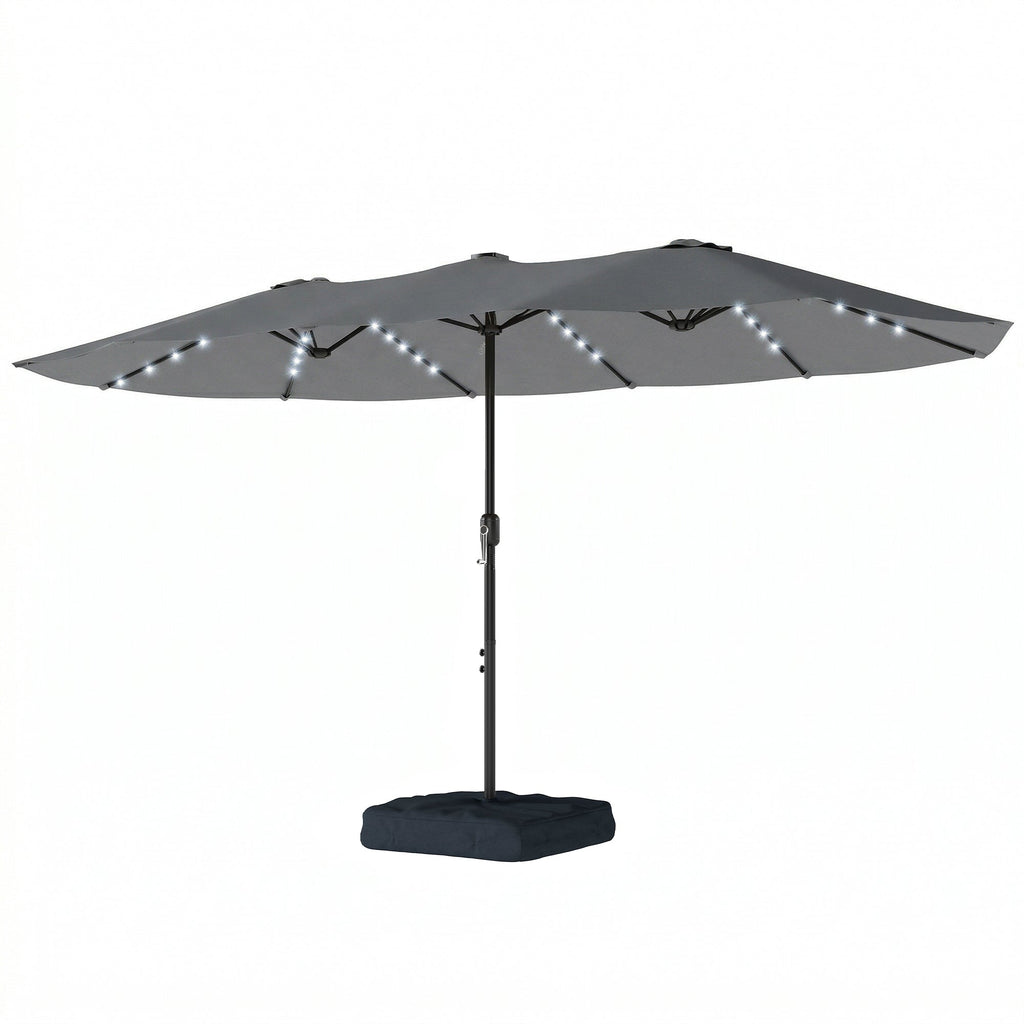 4.5 m Double-Sided Garden Parasol with LED Lights, Base & Sandbags, Grey