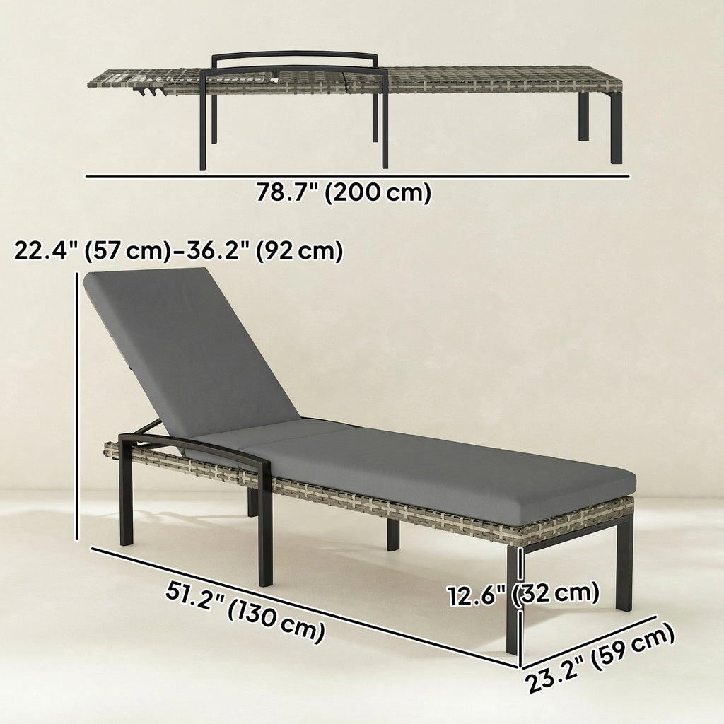 Pair of Wicker Chaise Loungers with 5-Level Backrest & Cushion, Light Grey