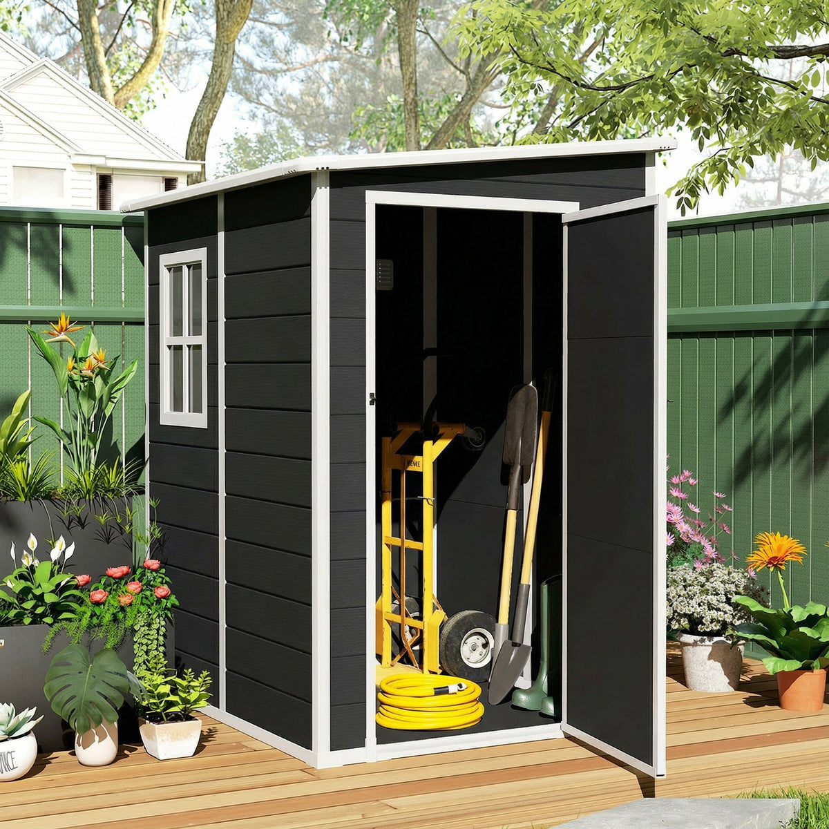 4 x 5FT Plastic Lean-to Garden Shed with Floor, Window and Vent, Black
