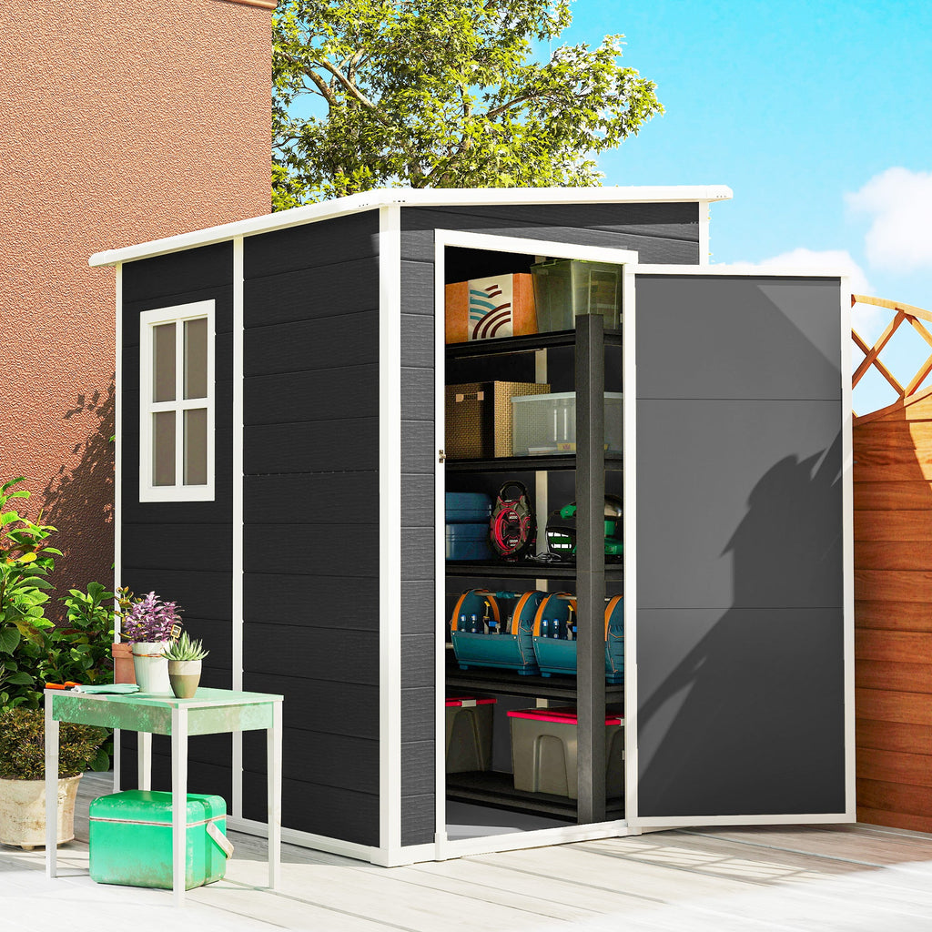 4 x 5FT Plastic Lean-to Garden Shed with Floor, Window and Vent, Black