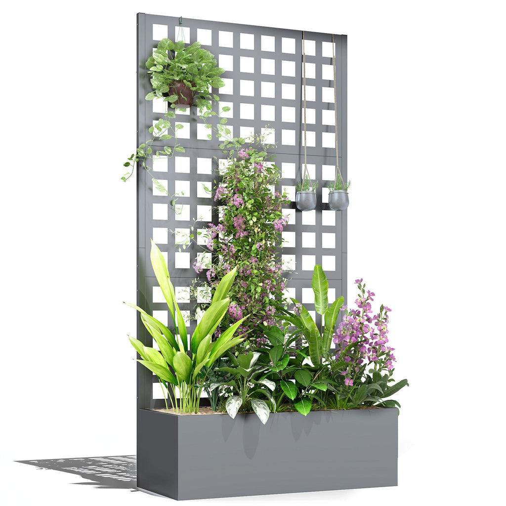 35" x 16" x 70" Raised Garden Bed with Trellis and Privacy Screen, Grey Wood Effect
