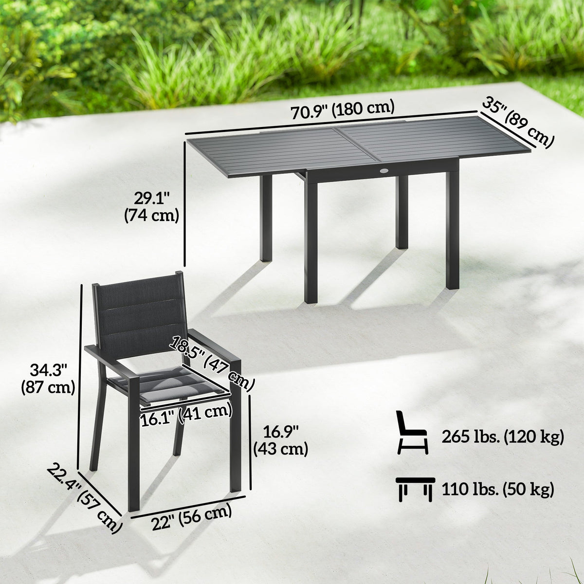 7pc Patio Dining Set with Expandable Table and Stackable Chairs, Black