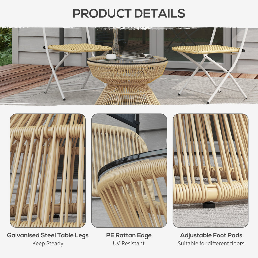 Rattan Outdoor Coffee Table with Tempered Glass Top, Nature Wood