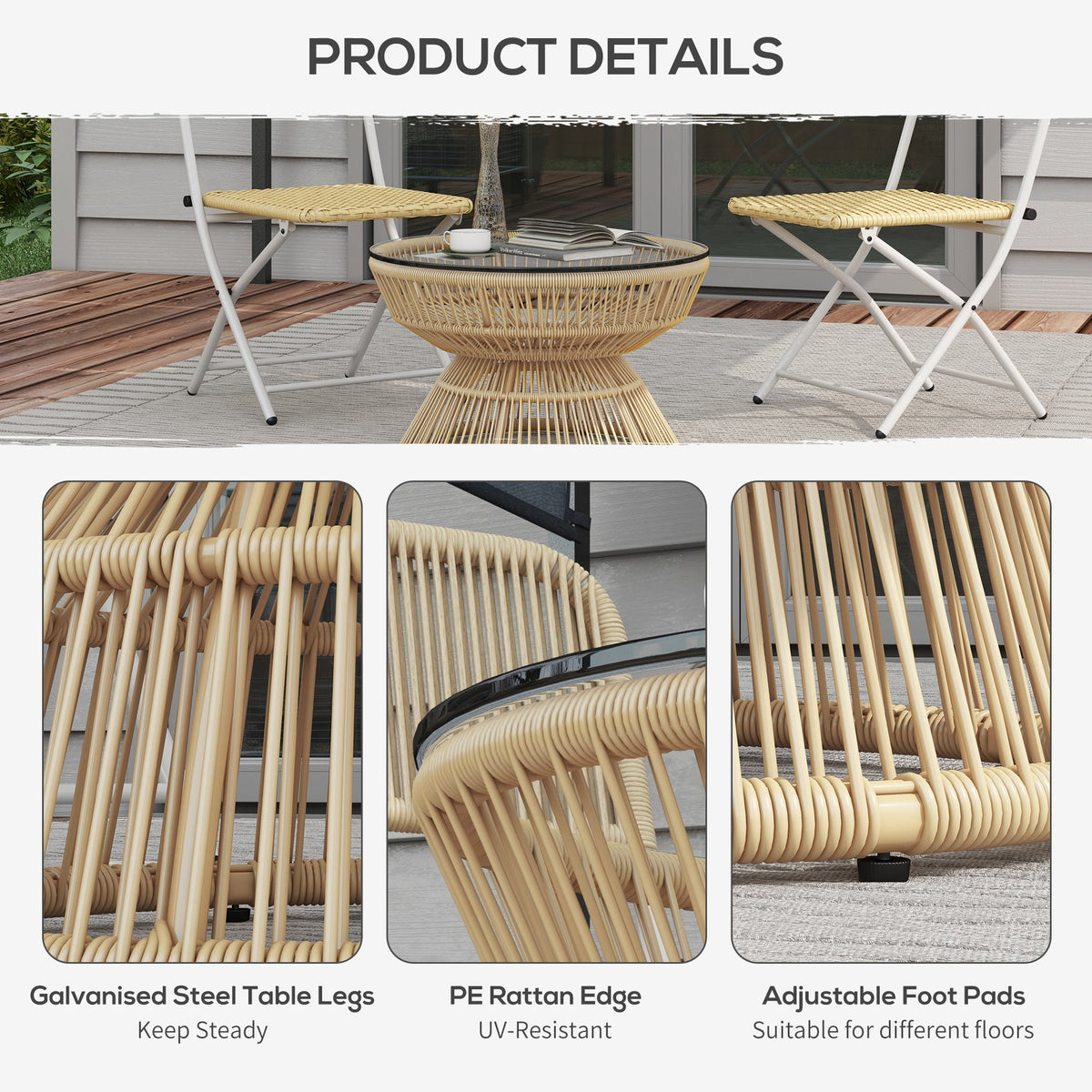 Rattan Outdoor Coffee Table with Tempered Glass Top, Nature Wood