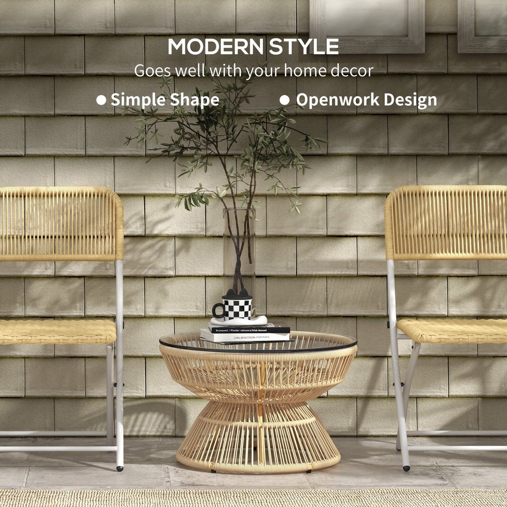 Rattan Outdoor Coffee Table with Tempered Glass Top, Nature Wood