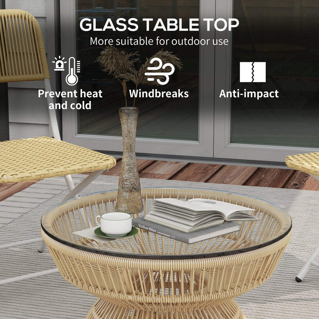 Rattan Outdoor Coffee Table with Tempered Glass Top, Nature Wood