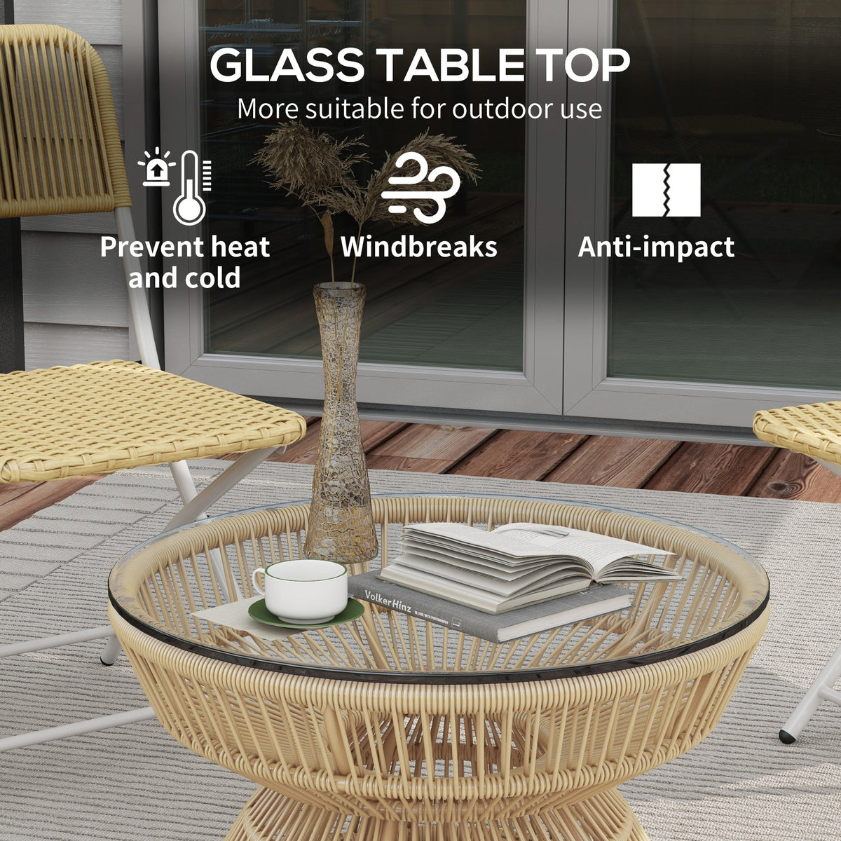Rattan Outdoor Coffee Table with Tempered Glass Top, Nature Wood