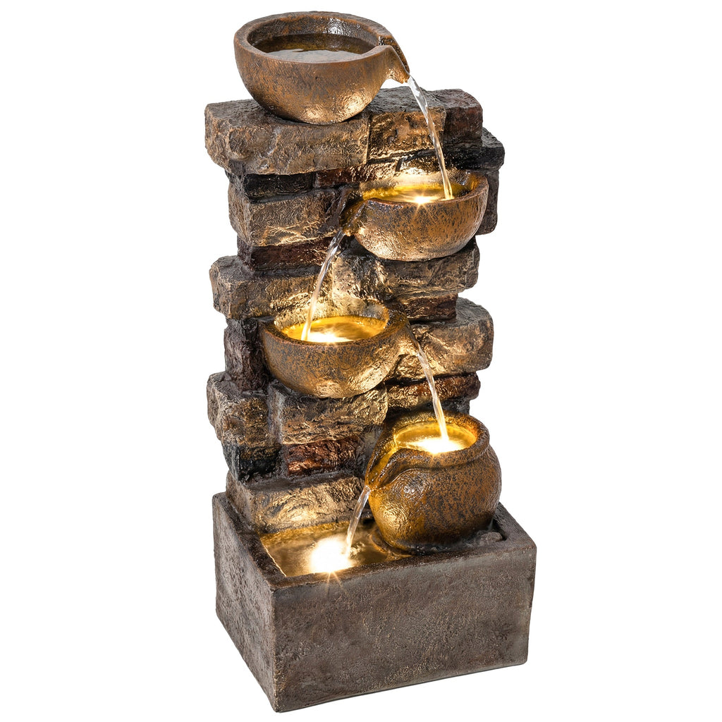 28" 5-Tier Outdoor Fountain with LED Lights and Adjustable Flow, Rustic Brown