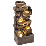 28" 5-Tier Outdoor Fountain with LED Lights and Adjustable Flow, Rustic Brown