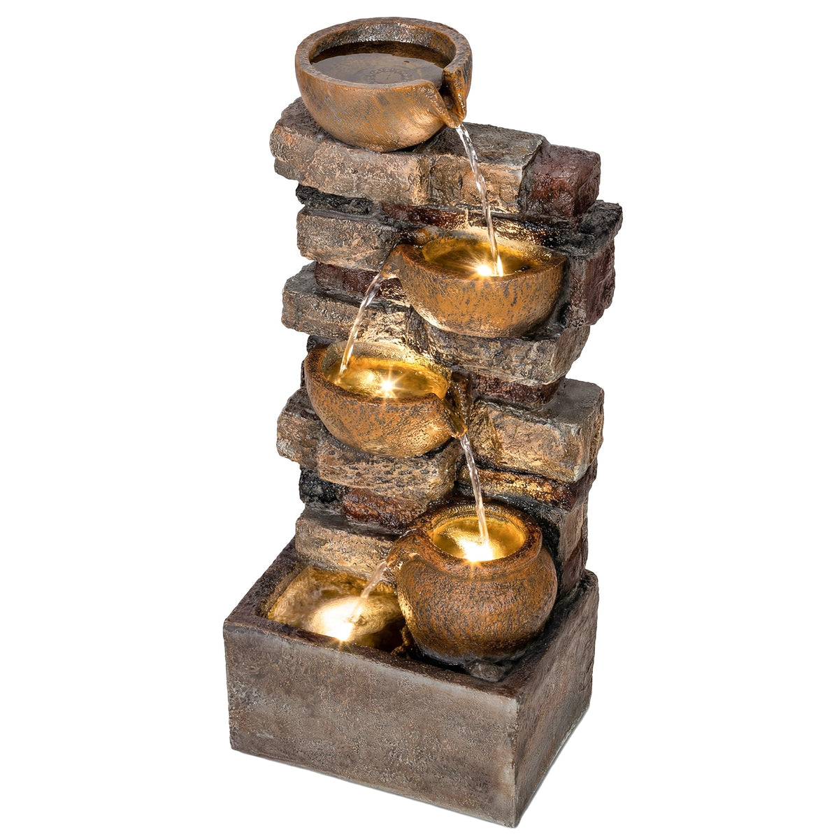 28" 5-Tier Outdoor Fountain with LED Lights and Adjustable Flow, Rustic Brown