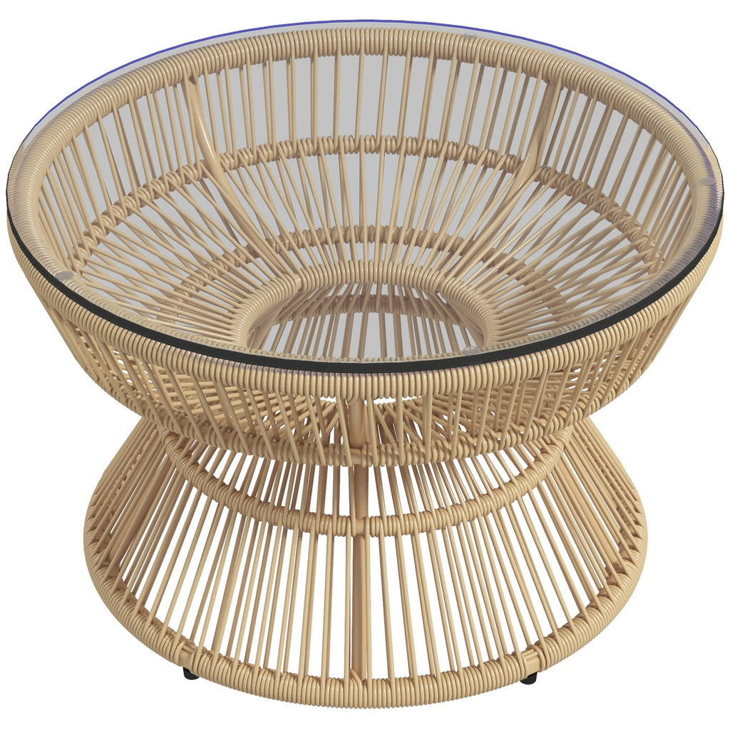 Rattan Outdoor Coffee Table with Tempered Glass Top, Nature Wood