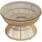 Rattan Outdoor Coffee Table with Tempered Glass Top, Nature Wood