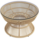 Rattan Outdoor Coffee Table with Tempered Glass Top, Nature Wood