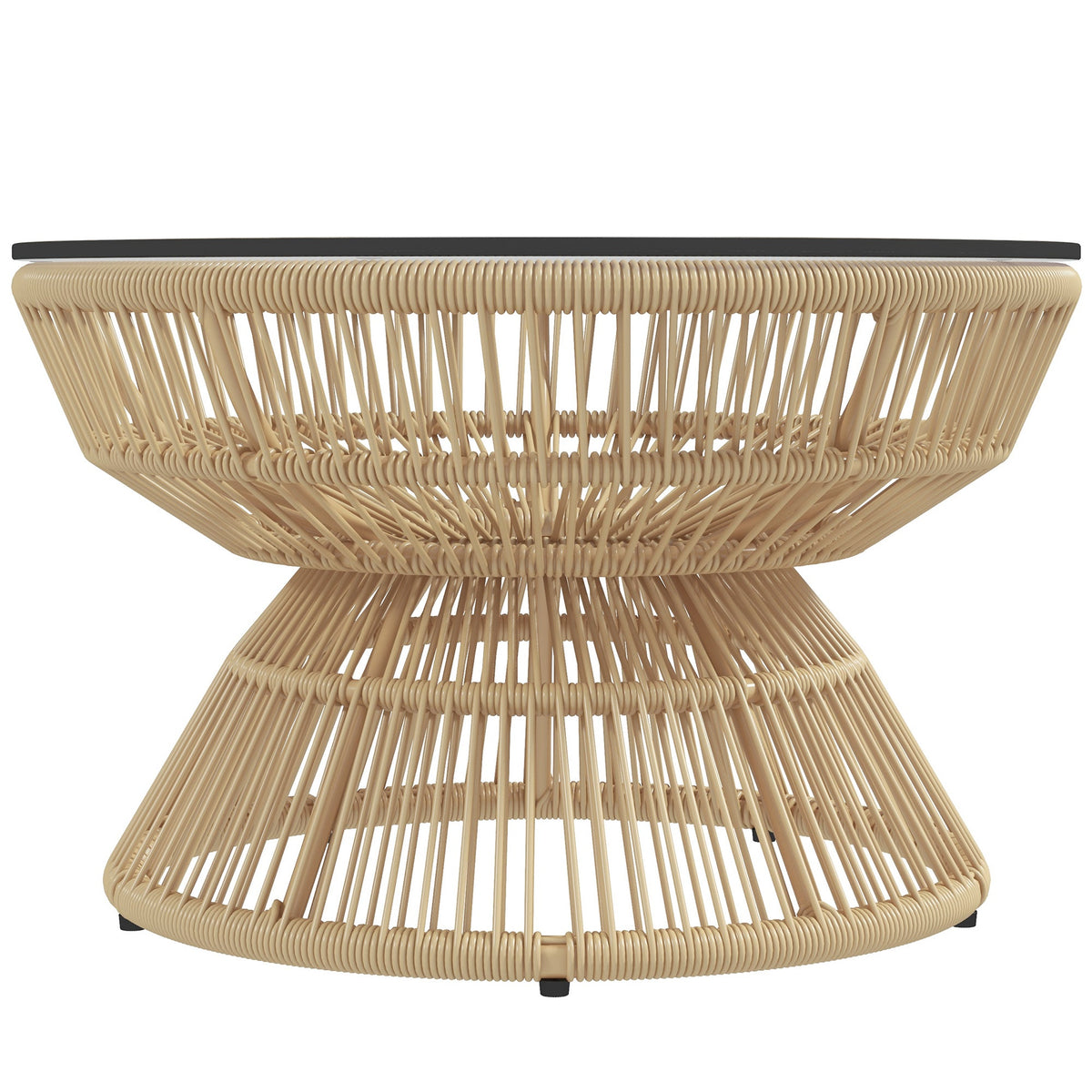 Rattan Outdoor Coffee Table with Tempered Glass Top, Nature Wood