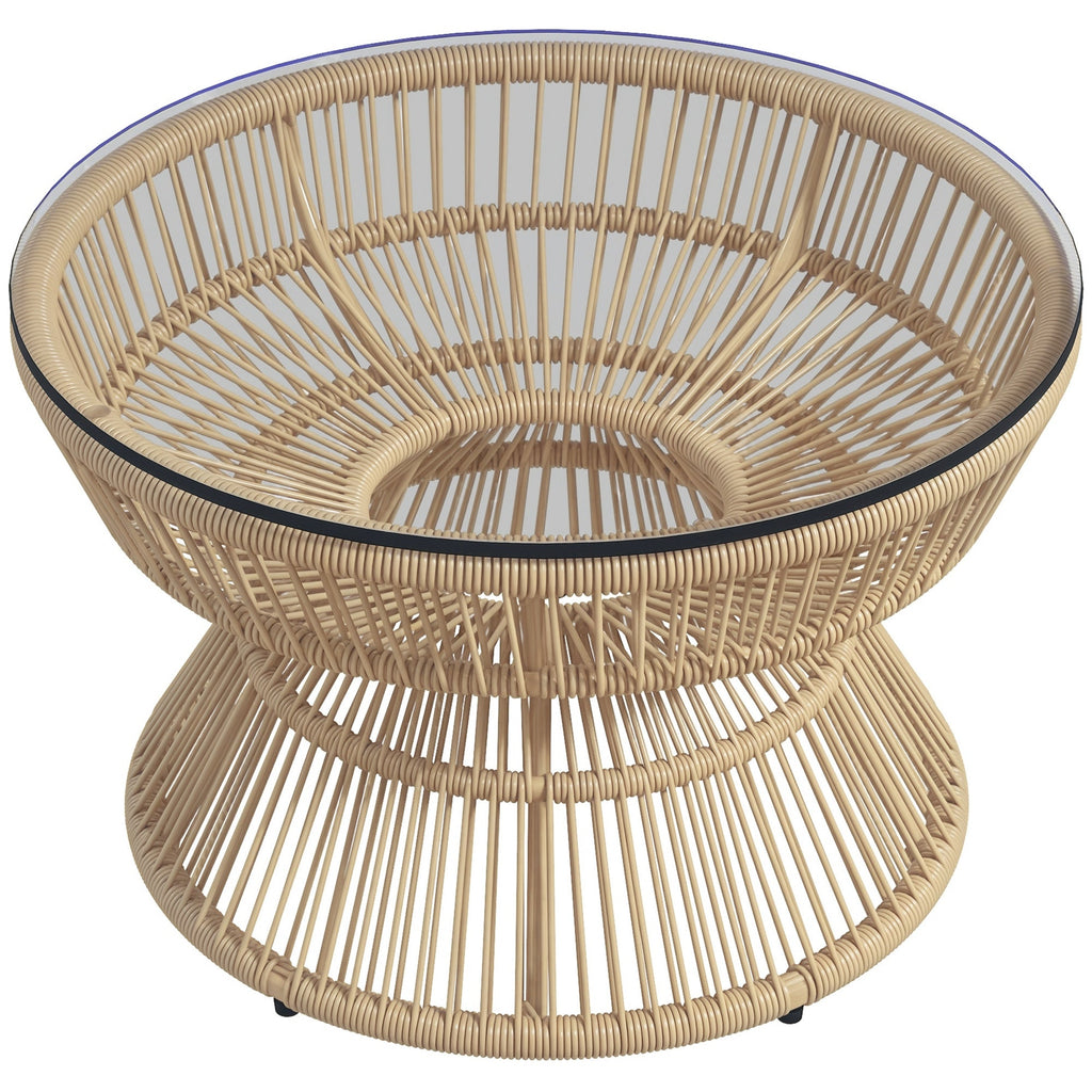 Rattan Outdoor Coffee Table with Tempered Glass Top, Nature Wood