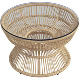Rattan Outdoor Coffee Table with Tempered Glass Top, Nature Wood