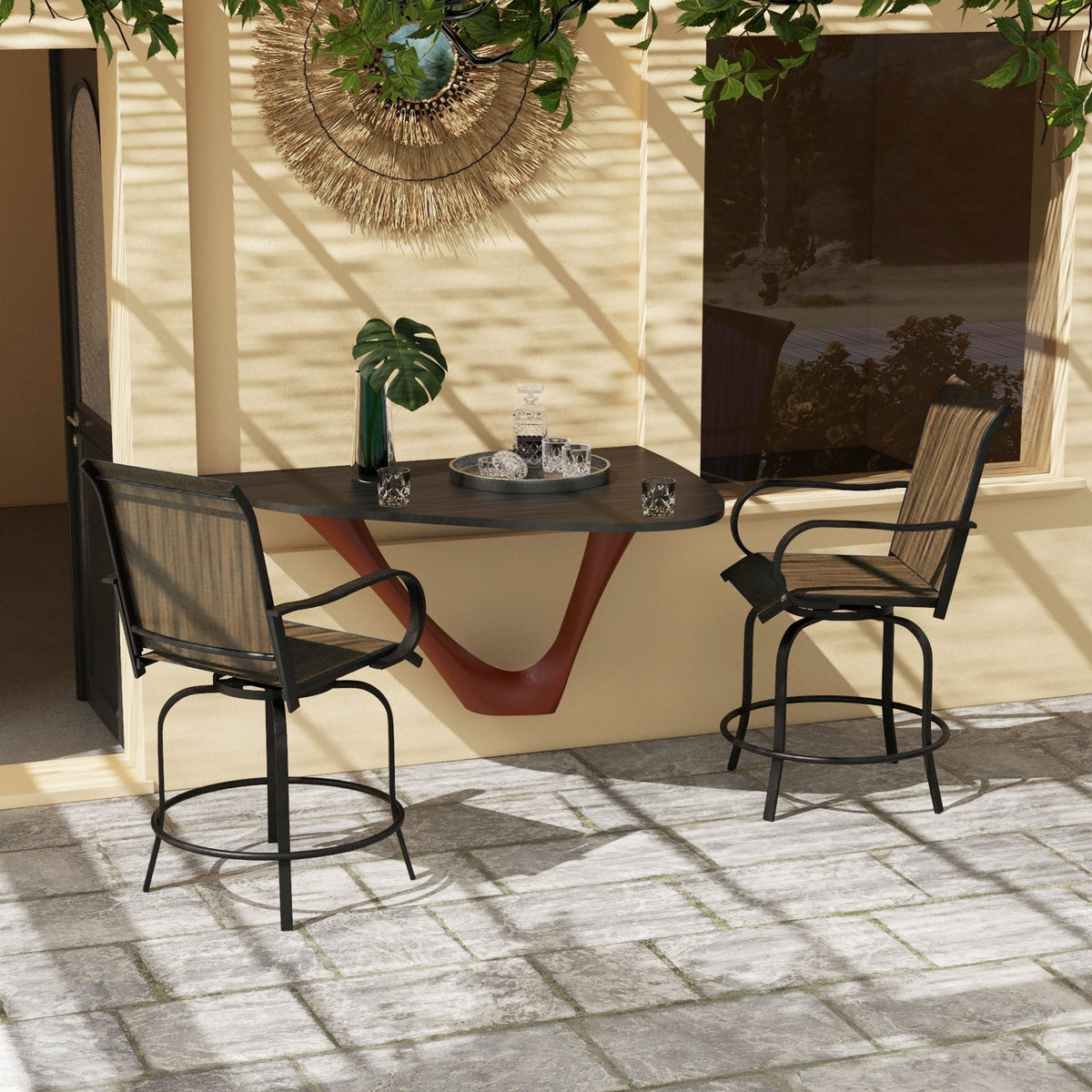 Set of 2 Bar Height Swivel Patio Stools with Armrests and Mesh Seats, Tan