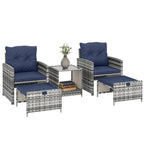 5-Piece Rattan Patio Set with Ottomans & 2-Tier Glass Table, Grey/Dark Blue