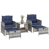5-Piece Rattan Patio Set with Ottomans & 2-Tier Glass Table, Grey/Dark Blue