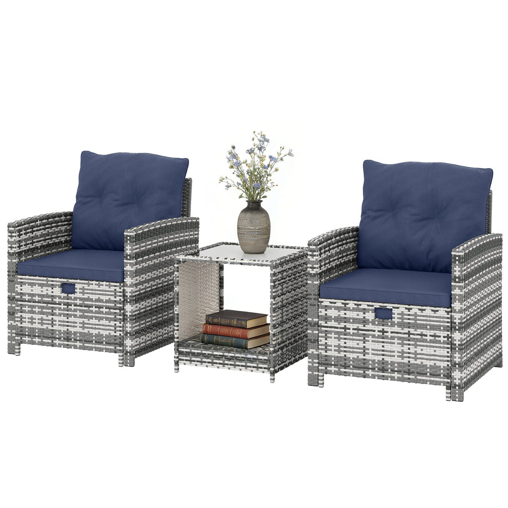 5-Piece Rattan Patio Set with Ottomans & 2-Tier Glass Table, Grey/Dark Blue