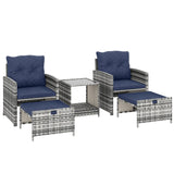 5-Piece Rattan Patio Set with Ottomans & 2-Tier Glass Table, Grey/Dark Blue