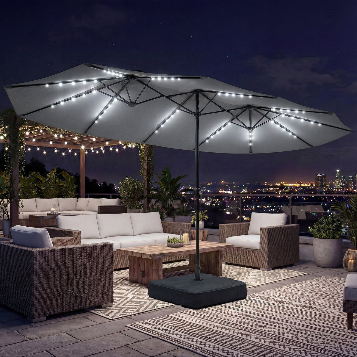 4.5 m Double-Sided Garden Parasol with LED Lights, Base & Sandbags, Grey