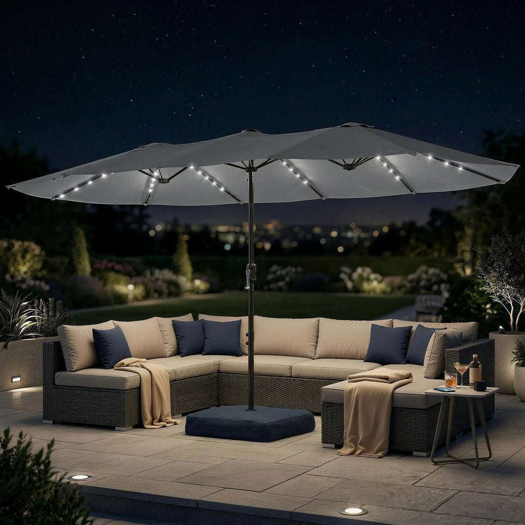 4.5 m Double-Sided Garden Parasol with LED Lights, Base & Sandbags, Grey