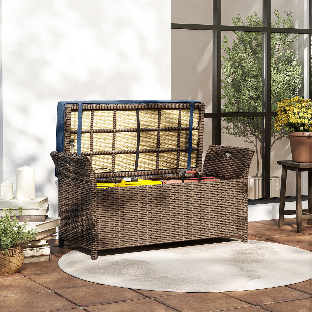 2-in-1 Patio Wicker Storage Bench, 29 Gallon with Cushion, Navy Blue