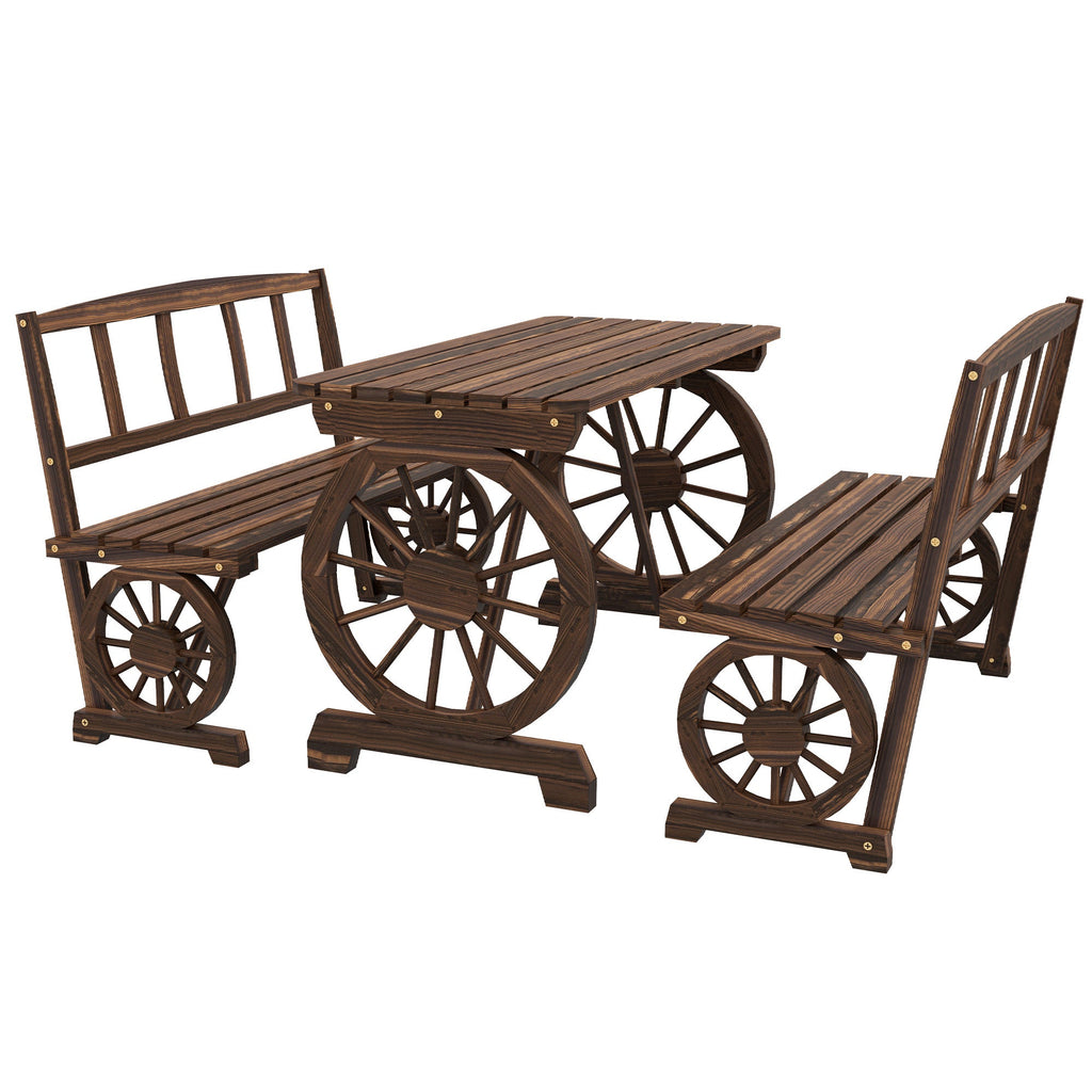 3-Piece Wooden Patio Dining Bench Set, Carbonized