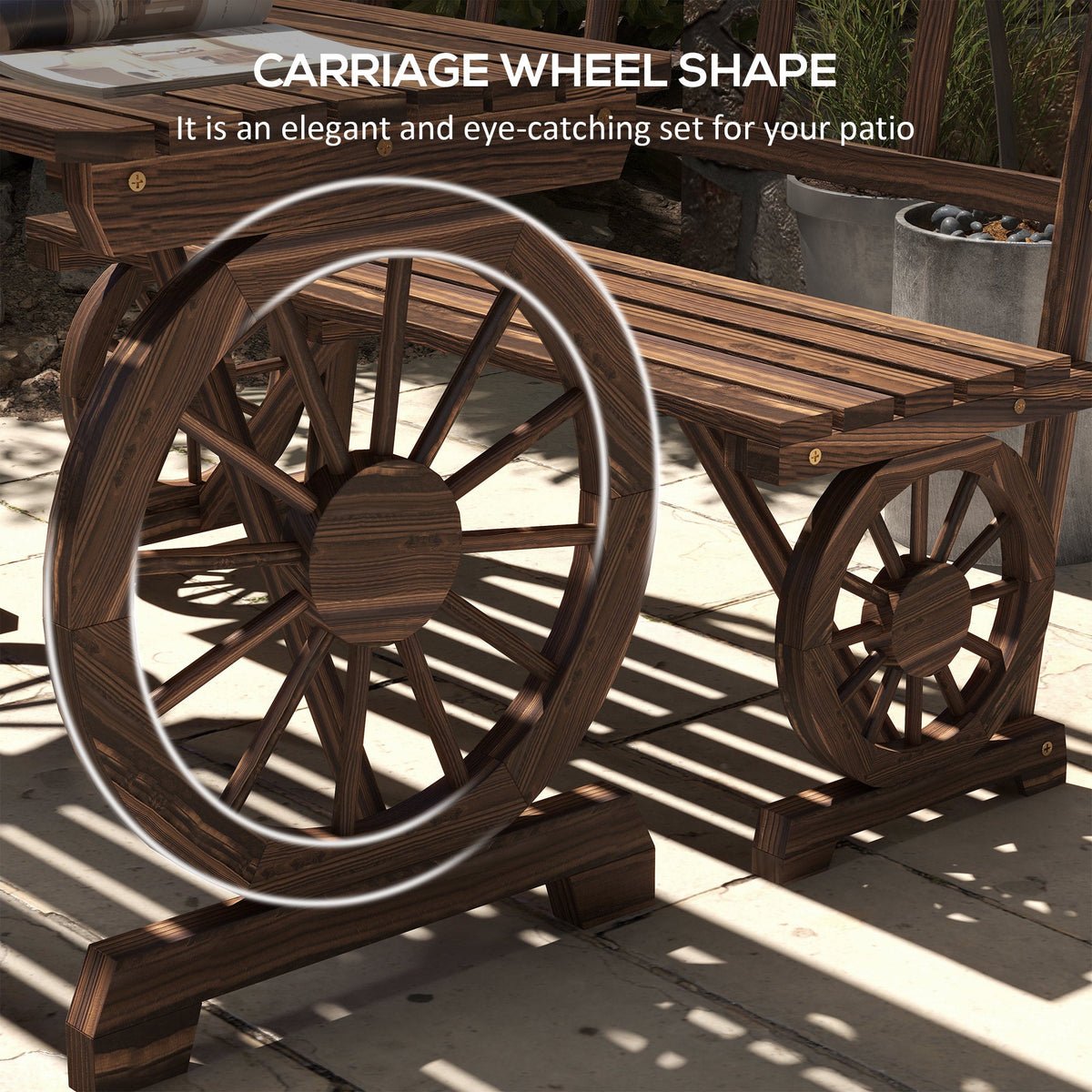3-Piece Wooden Patio Dining Bench Set, Carbonized