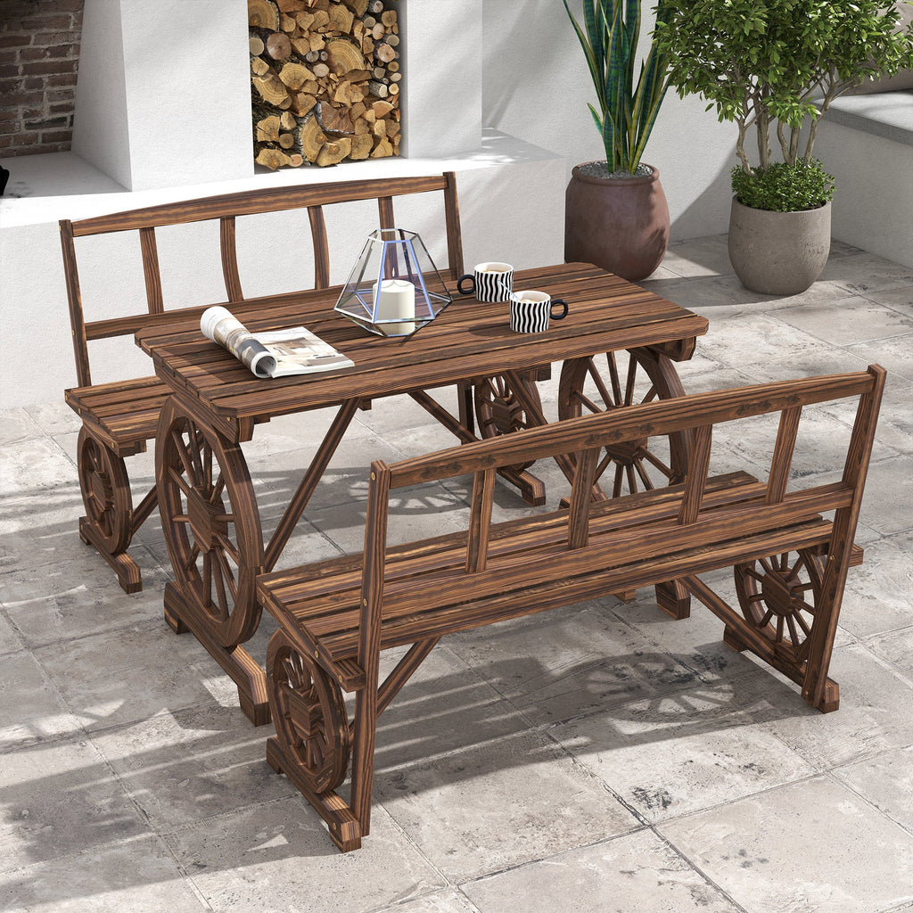 3-Piece Wooden Patio Dining Bench Set, Carbonized