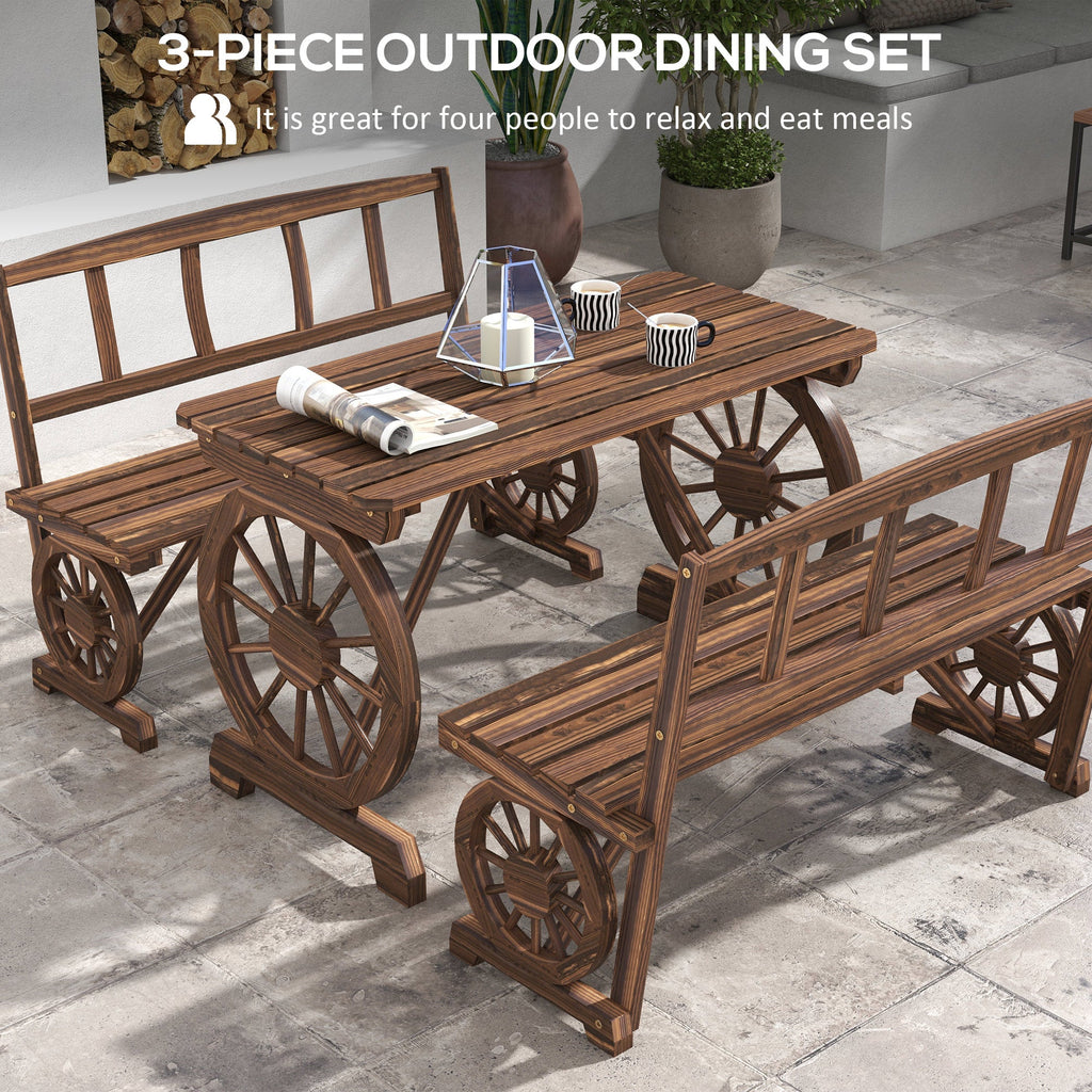3-Piece Wooden Patio Dining Bench Set, Carbonized