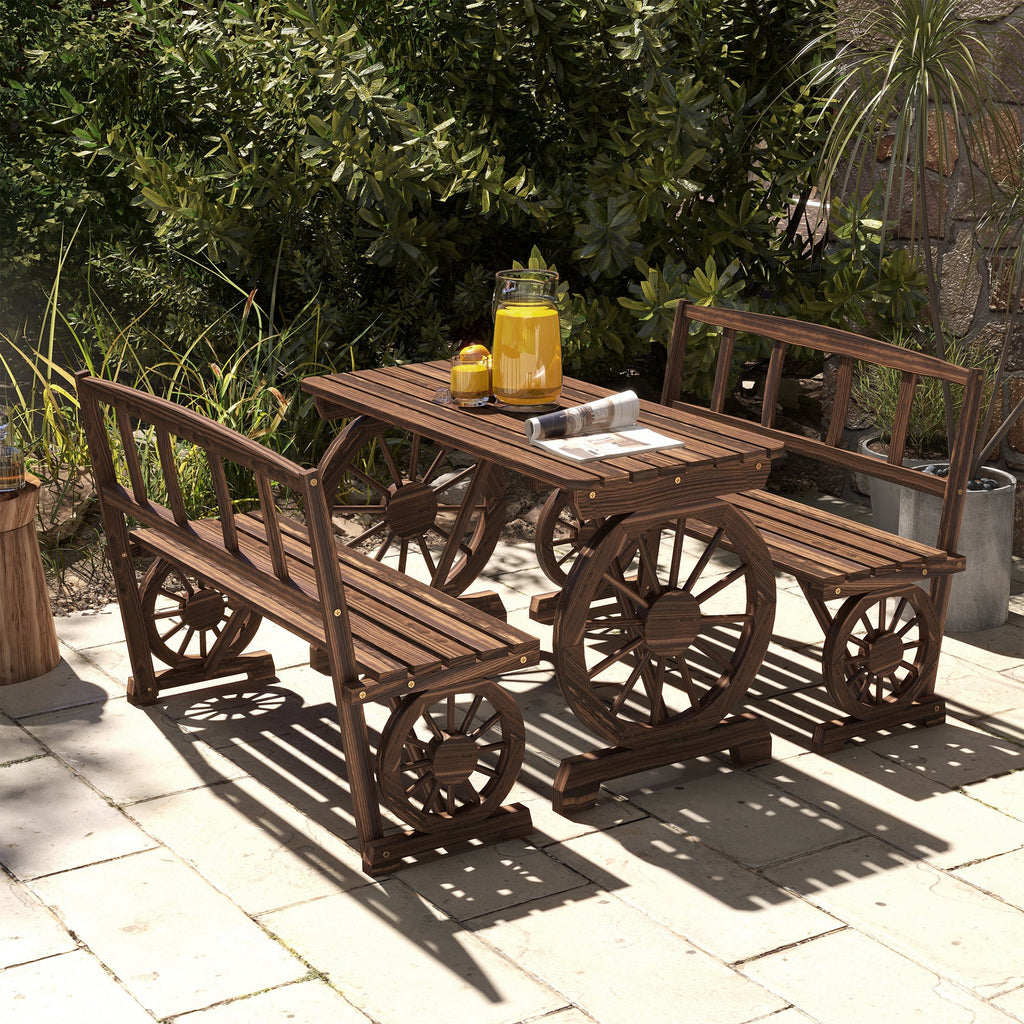 3-Piece Wooden Patio Dining Bench Set, Carbonized