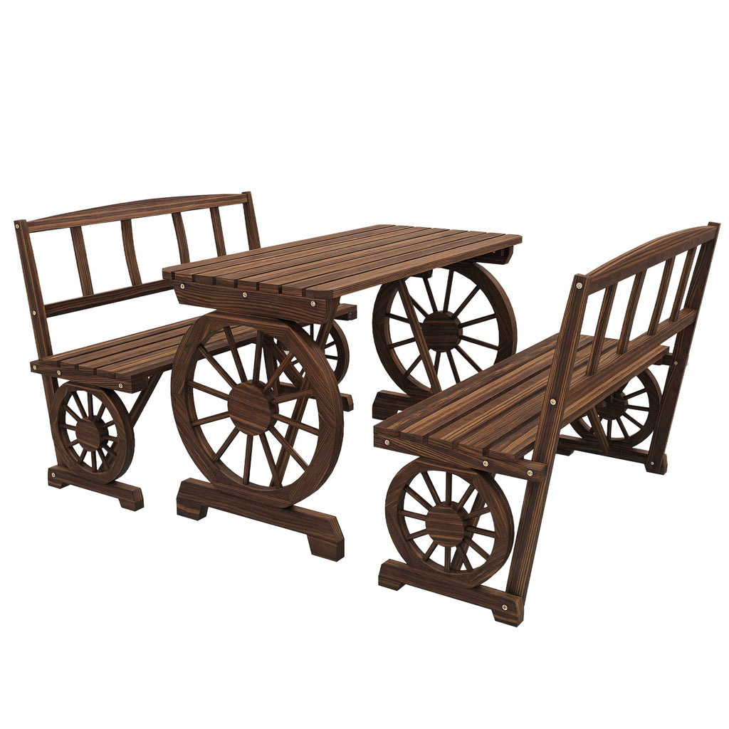 3-Piece Wooden Patio Dining Bench Set, Carbonized