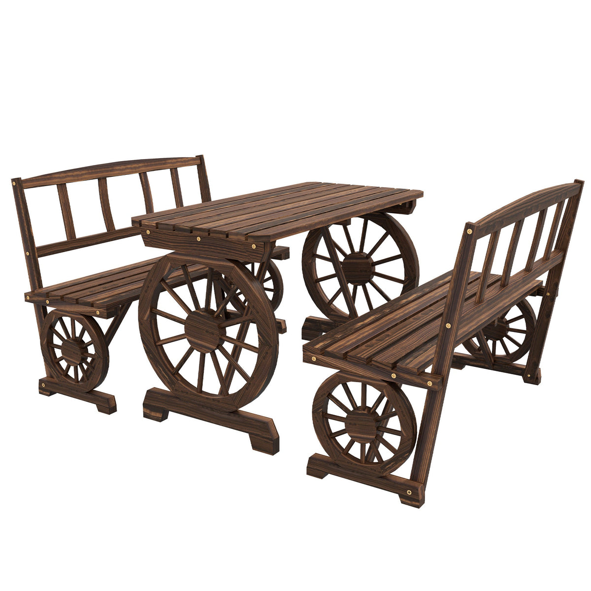 3-Piece Wooden Patio Dining Bench Set, Carbonized