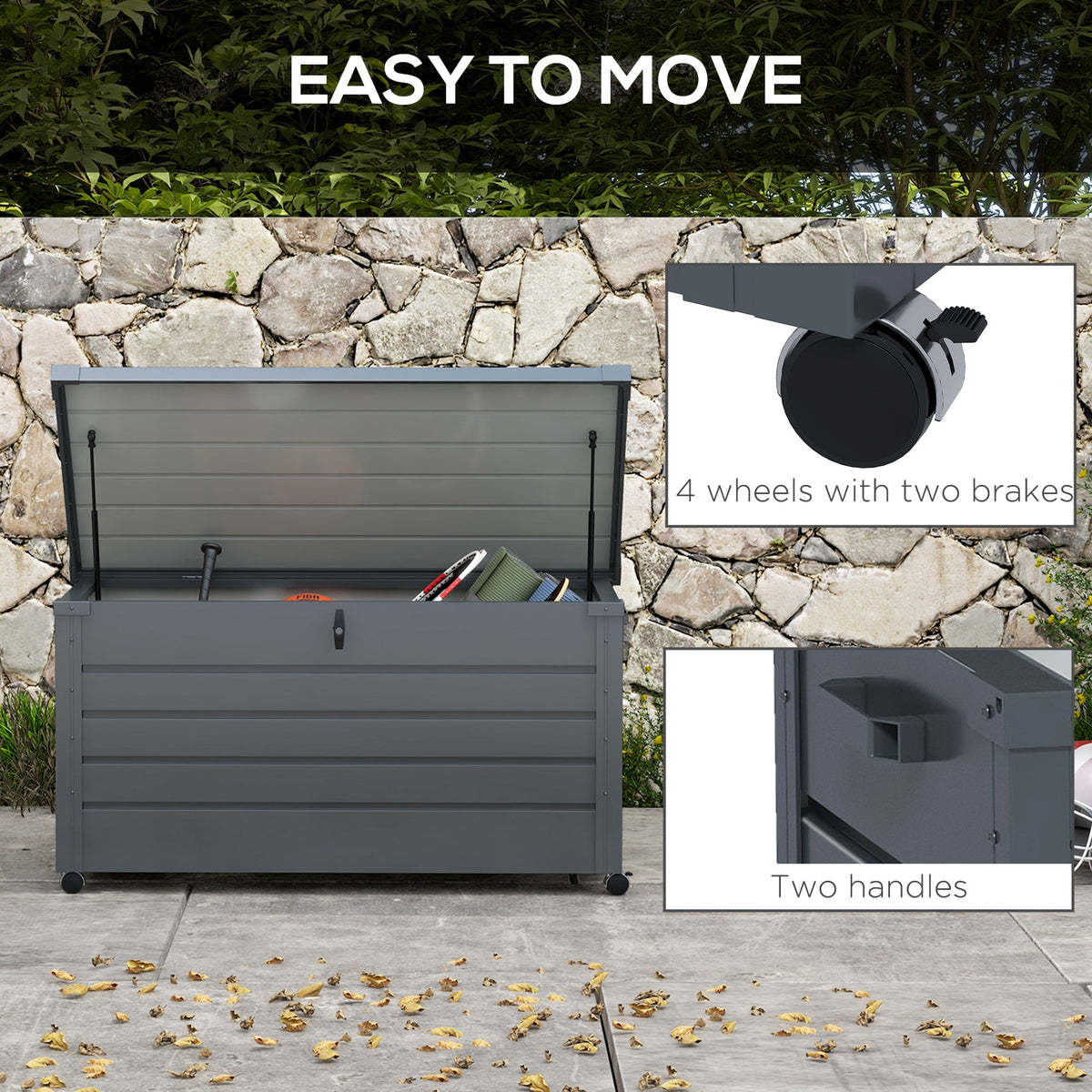 82 Gallon Galvanized Steel Deck Box with Wheels and Handles, Dark Grey
