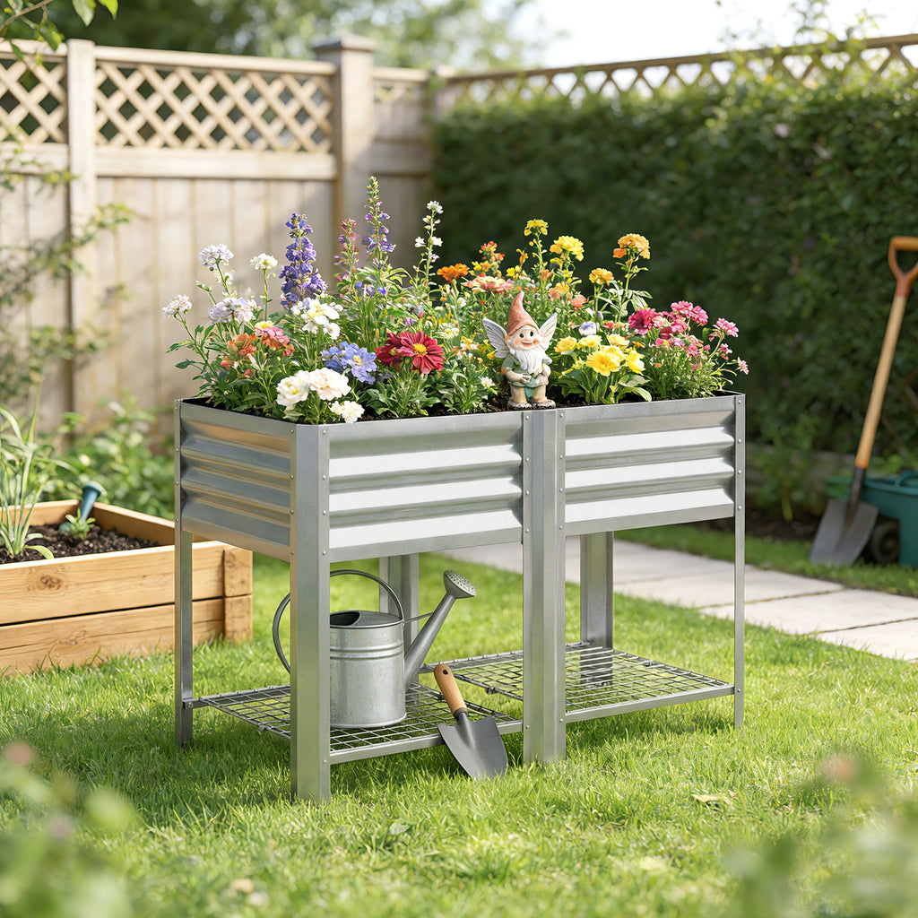 Galvanized Steel Raised Garden Bed with Legs and Storage Shelf, Silver