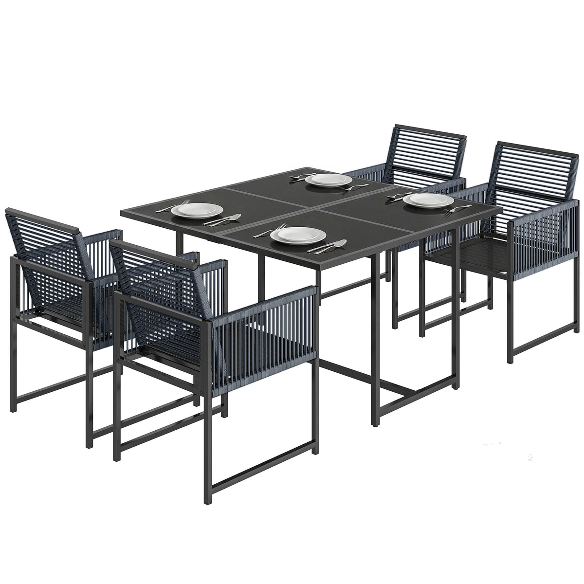 5-Piece Dark Grey Rattan Dining Set with Tempered Glass Top & Foldable Chairs