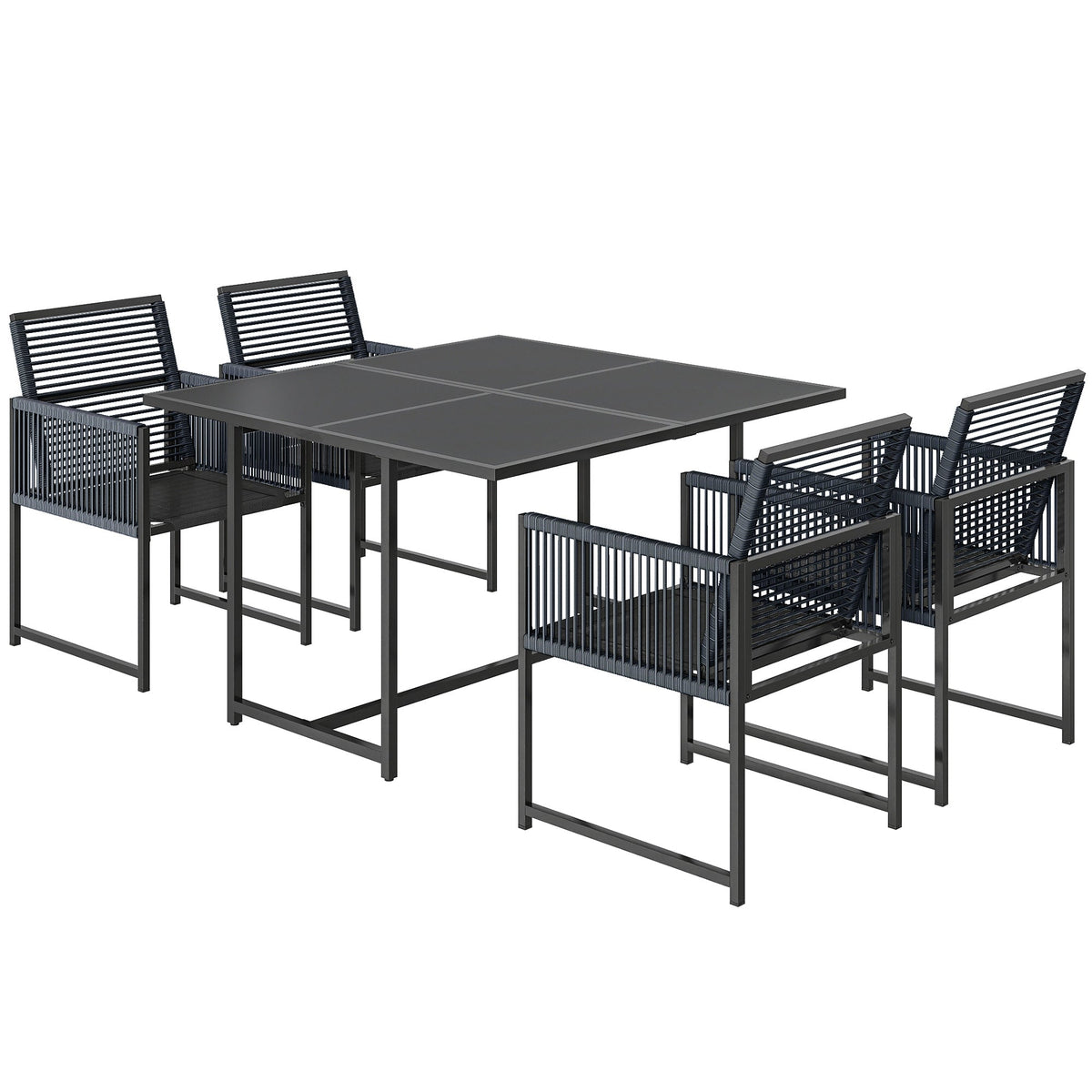 5-Piece Dark Grey Rattan Dining Set with Tempered Glass Top & Foldable Chairs