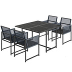 5-Piece Dark Grey Rattan Dining Set with Tempered Glass Top & Foldable Chairs