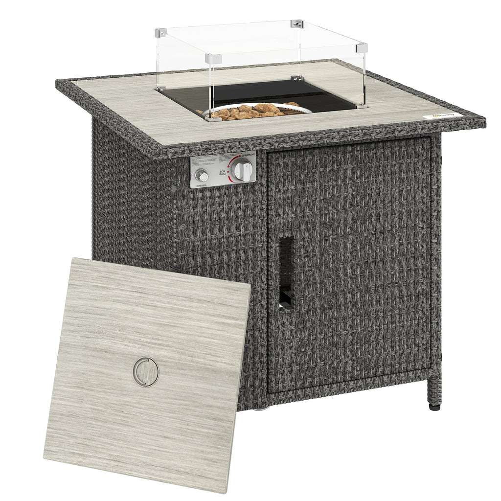 14.5 KW Rattan Gas Fire Pit Table with Cover, Wind Guard & Lid, Dark Grey