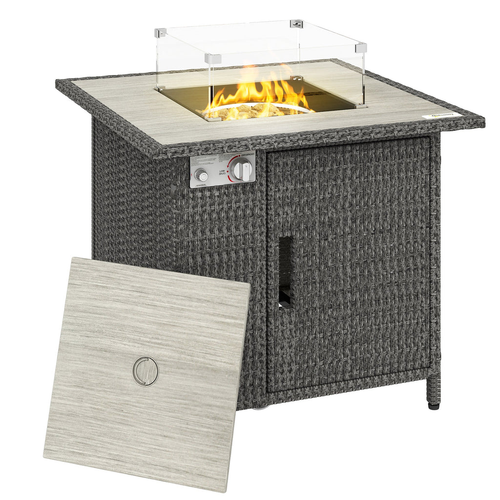 14.5 KW Rattan Gas Fire Pit Table with Cover, Wind Guard & Lid, Dark Grey