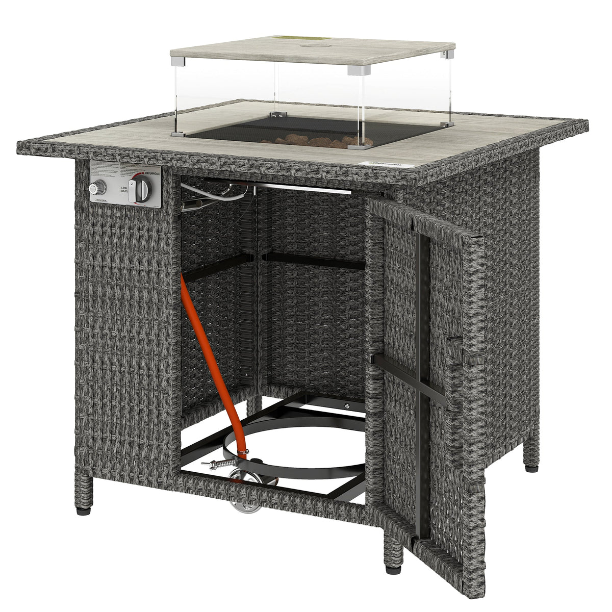 14.5 KW Rattan Gas Fire Pit Table with Cover, Wind Guard & Lid, Dark Grey