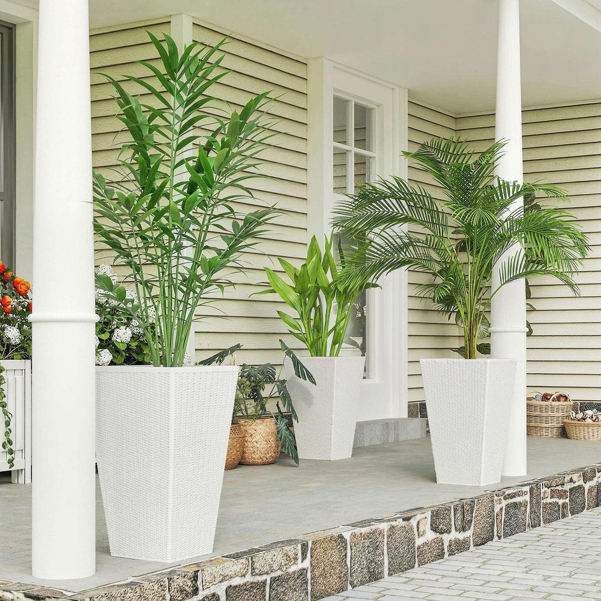 3 Piece 24" Tall Planters with Drainage Holes, White